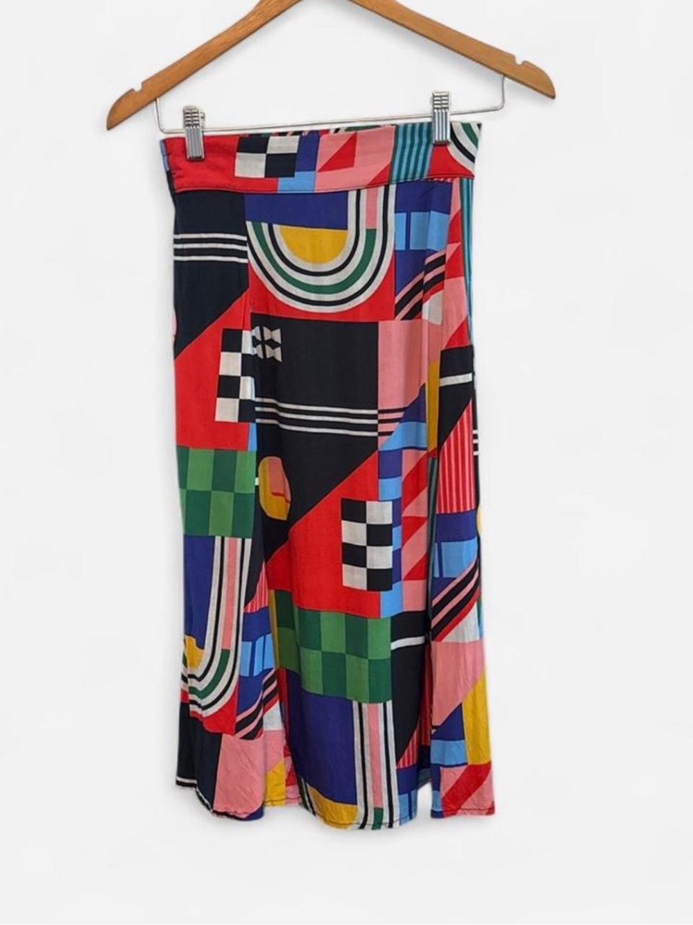 Nooworks Bold Geometric Midi Skirt XS artsy playful whimsical vibrant cottage